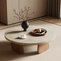Elegant Round Stone Top Coffee Table With Solid Wood Base For Warm Modern Living Room Decor