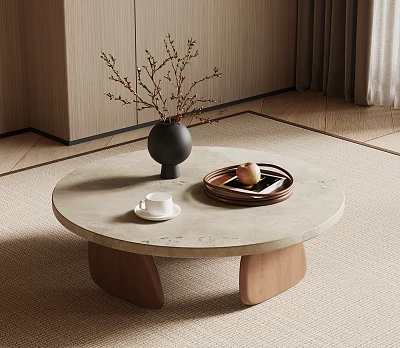 Elegant Round Stone Top Coffee Table With Solid Wood Base For Warm Modern Living Room Decor 3d model