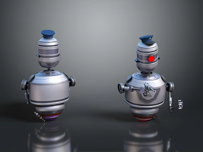 Two Silver Metallic Robots With Blue Caps And Red Eyes On Reflective Surface 3d model