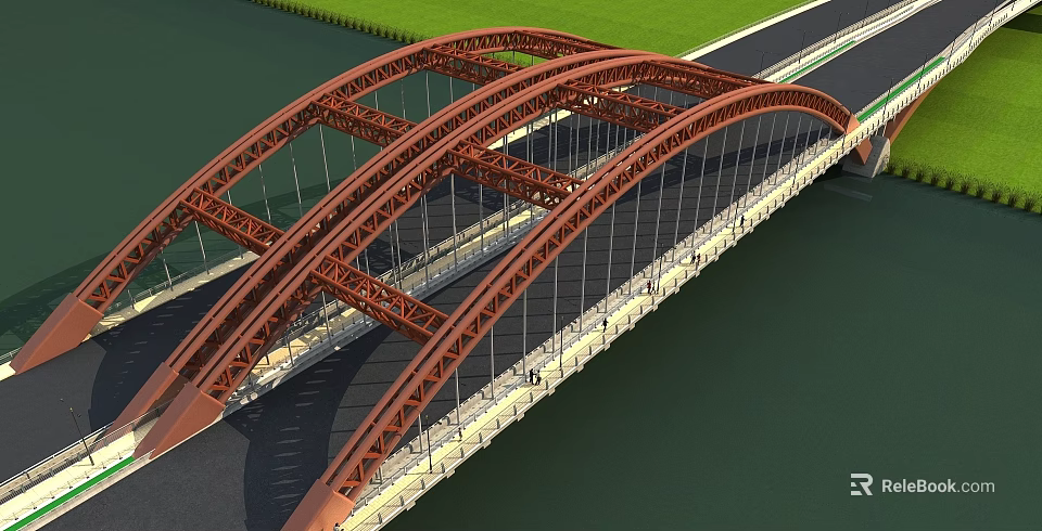 Sturdy Red Steel Arch Bridge Spanning Over Wide River With Dedicated Road And Pedestrian Paths 3d model 