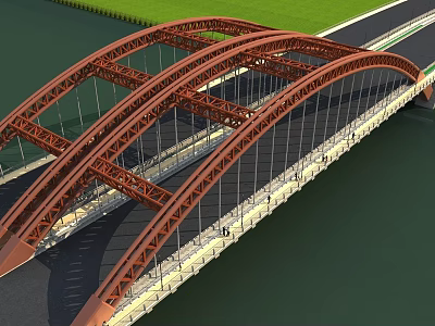 Sturdy Red Steel Arch Bridge Spanning Over Wide River With Dedicated Road And Pedestrian Paths 3d model