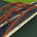 Sturdy Red Steel Arch Bridge Spanning Over Wide River With Dedicated Road And Pedestrian Paths