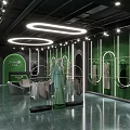 Modern Clothing Store Interior With Green Walls Neon Lights Mannequin And Fashion Apparel Racks