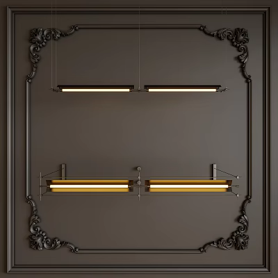 Elegant Double Row Pendant Lights With Warm Yellow Glow And Ornate Decorative Frame 3d model