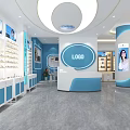 Optical Store Interior With White Display Counters Blue Decor Logo And Modern Pendant Lights 3d model