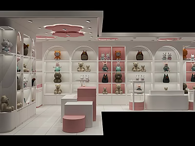 Modern Mall Store Interior With Stuffed Toys Bags And Pink White Display Shelves 3d model
