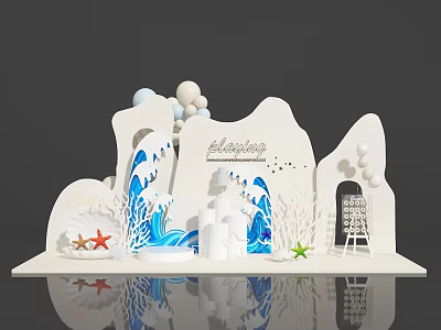 3D Paper Art Photo Check-in Spot With Ocean Waves Starfish Shells And Celebration Lettering 3d model