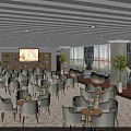 Spacious Modern Leisure Area Interior Design With Comfortable Chairs Round Tables Green Plants Large Windows Blue Curtains