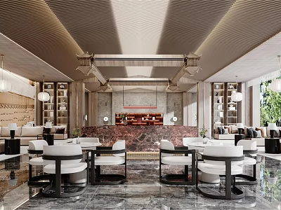 Modern Luxury Hotel Public Lounge with Marble Floor White Seats Bookshelves Bar and Pendant Lights 3d model