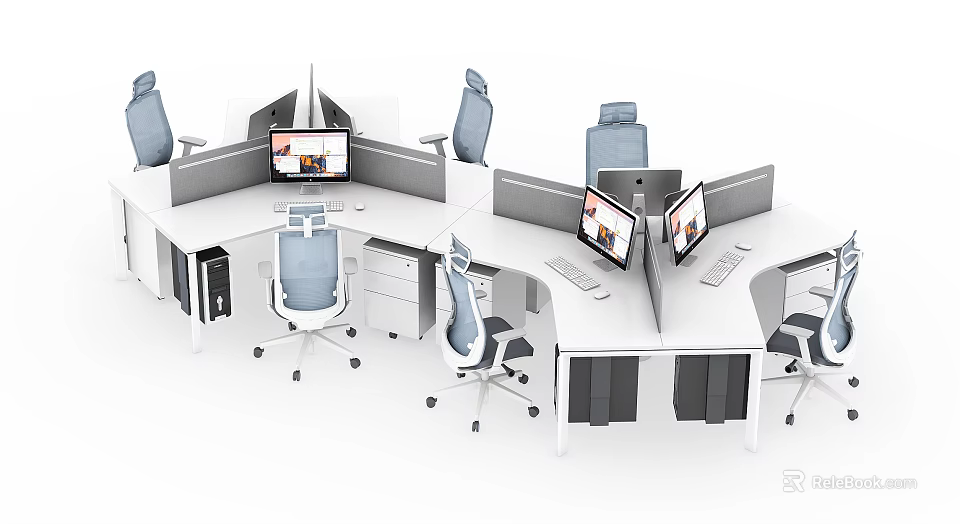Modular Office Desk Workstations With Partition Screens Multiple Computer Monitors Blue Office Chairs And Storage Drawers 3d model 