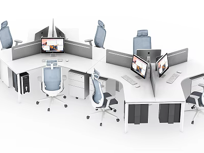 Modular Office Desk Workstations With Partition Screens Multiple Computer Monitors Blue Office Chairs And Storage Drawers 3d model