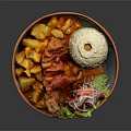 Fried Chicken Leg with Rice Potato Chunks Vegetables and Red Sauce Served on Orange Plate