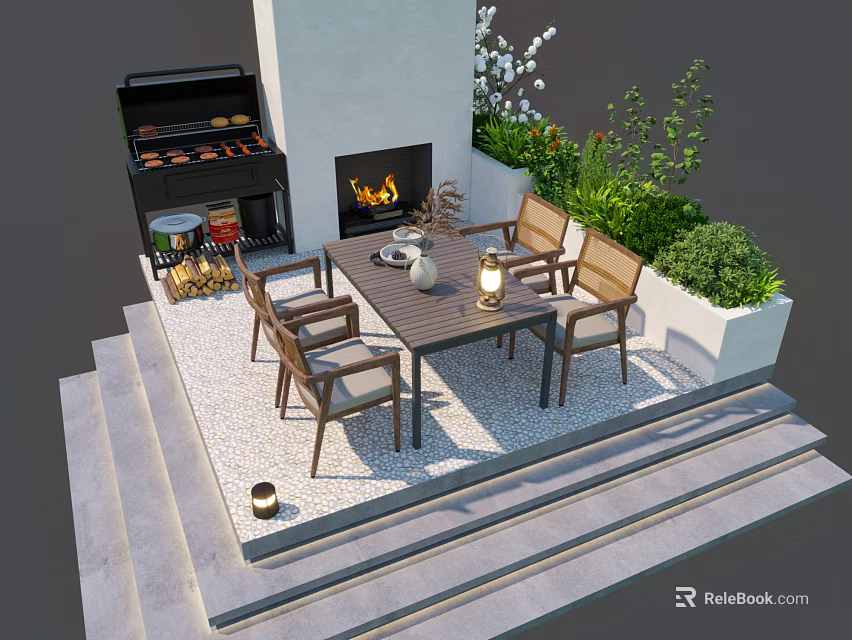 Outdoor Patio Table With Wooden Chairs Stone Fireplace Grill And Green Plants 3d model 