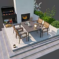 Outdoor Patio Table With Wooden Chairs Stone Fireplace Grill And Green Plants