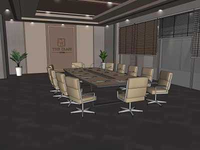 Modern Conference Room With Long Table Beige Chairs Blinds And Potted Plants 3d model