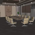Modern Conference Room With Long Table Beige Chairs Blinds And Potted Plants