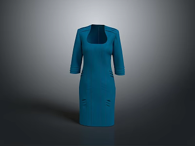 Blue Women's Fitted Dress With Square Neck And Three Quarter Sleeves 3d model