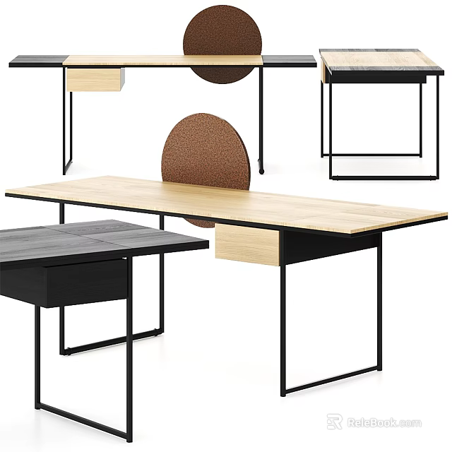Modern Two Tone Tables With Wooden Top Black Metal Legs And Storage Drawers 3d model 