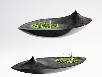 Two Piece Black Boat Shaped Decorative Ornament Set With Green Moss And Small Plants 3d model