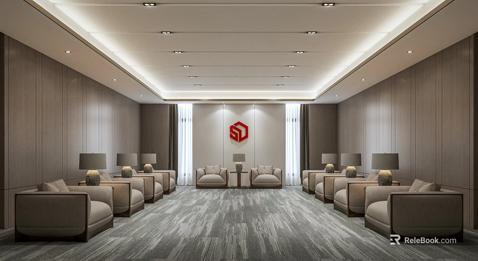 Spacious Modern Waiting Room With Comfortable Sofas Patterned Carpet And Wall Logo 3d model