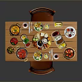 Delicious Assorted Foods On Wooden Dining Table With Plates Fresh Fruits Drinks And Chairs