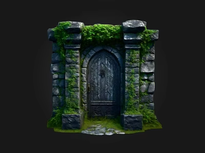Medieval Stone Gate With Wooden Door Covered In Green Moss And Vines 3d model