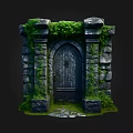 Medieval Stone Gate With Wooden Door Covered In Green Moss And Vines