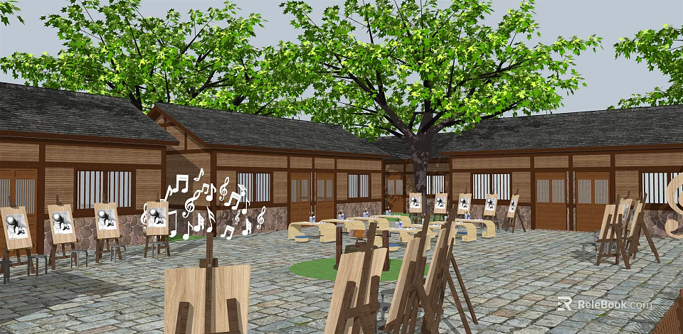 Artistic Courtyard With Wooden Buildings Trees Easels Canvases And Musical Notes 3d model 