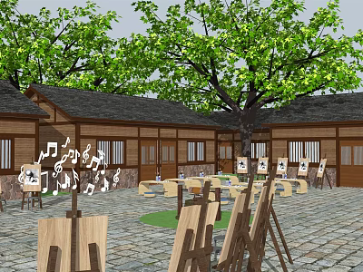 Artistic Courtyard With Wooden Buildings Trees Easels Canvases And Musical Notes 3d model