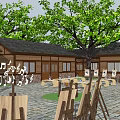 Artistic Courtyard With Wooden Buildings Trees Easels Canvases And Musical Notes