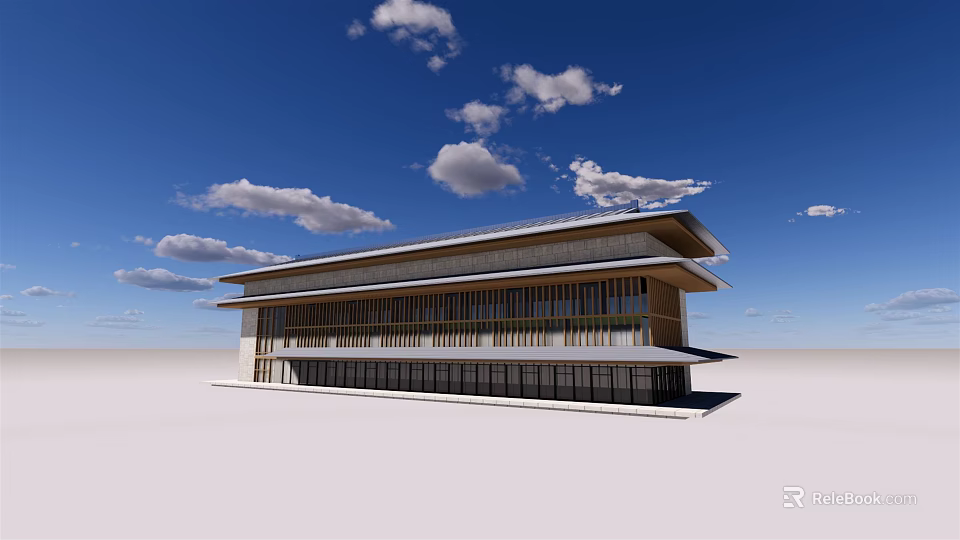 Modern Office Building Featuring Large Glass Windows Flat Roof And Blue Sky With Clouds 3d model 