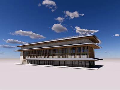 Modern Office Building Featuring Large Glass Windows Flat Roof And Blue Sky With Clouds 3d model