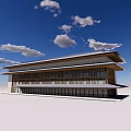 Modern Office Building Featuring Large Glass Windows Flat Roof And Blue Sky With Clouds