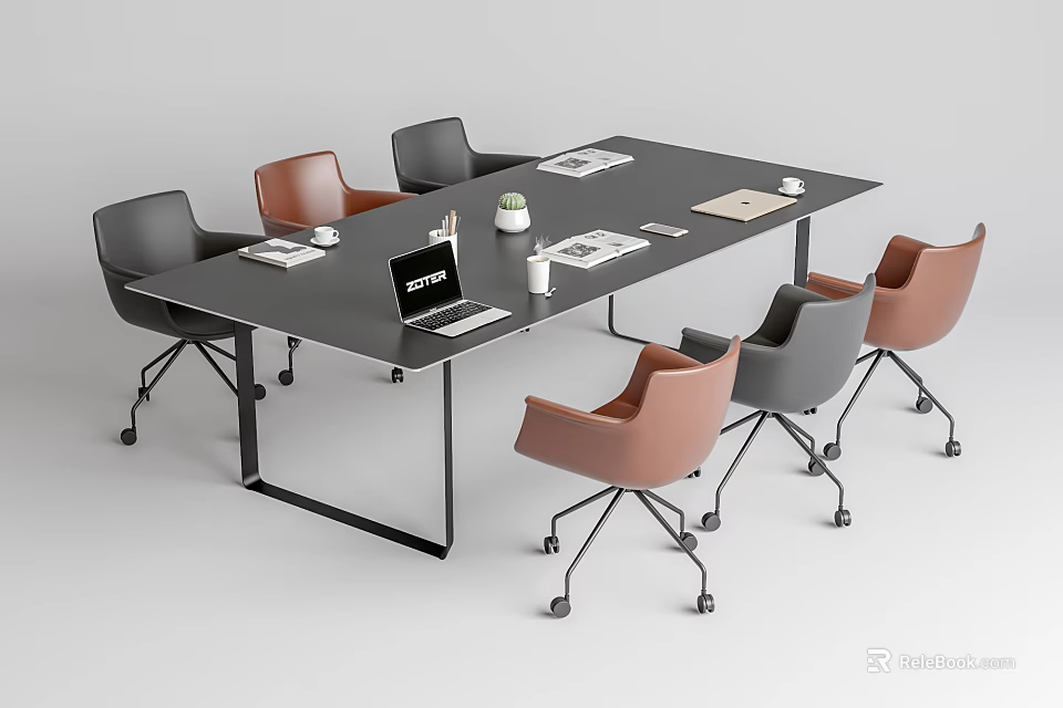 Modern Conference Table With Black Tabletop Metal Legs Surrounding Chairs Laptop Documents Coffee Cups 3d model 