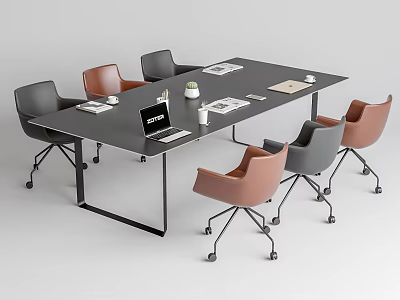 Modern Conference Table With Black Tabletop Metal Legs Surrounding Chairs Laptop Documents Coffee Cups 3d model