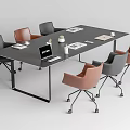 Modern Conference Table With Black Tabletop Metal Legs Surrounding Chairs Laptop Documents Coffee Cups