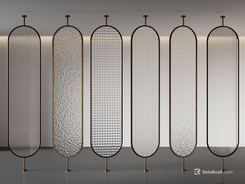 Modern Glass Screens With Varied Textures And Metal Frames 3d model 