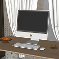 iMac Desktop Computer on Wooden Desk with Fruit Plate Keyboard Mouse and Coffee Cup