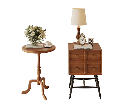 Wooden Side Tables With Round Top Vase Flowers Teacup Drawers Lamp Clock And Mug 3d model