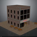 Three Story Red Brick Coffee Shop Building With Ground Floor Signboard And Outdoor Tables Chairs
