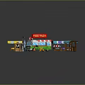 Colorful Food Truck Scene With Red Green Vehicle Umbrellas Vendor Stalls And Menu Signs
