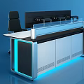 Modern Console Desks With Multiple Monitor Screens Office Chair And Blue Lighting