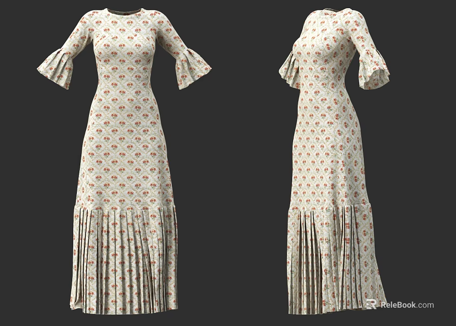 Women's Cream Colored Red Floral Pattern Long Dress with Bell Sleeves and Pleated Hem 3d model 