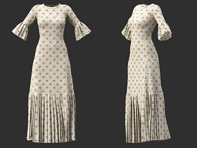 Women's Cream Colored Red Floral Pattern Long Dress with Bell Sleeves and Pleated Hem 3d model