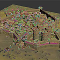 Detailed Ancient Castle Model Featuring Encircling Walls and Tower Structures on Sandy Terrain