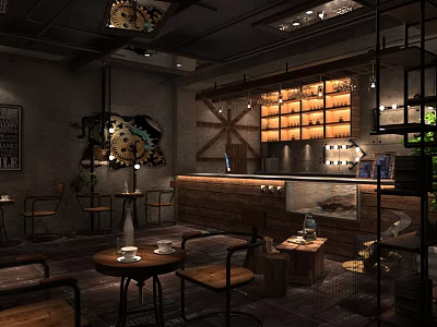 Rustic Café Interior Design With Wooden Bar Tables Chairs And Warm Lighting 3d model