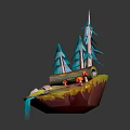 Blue Pine Trees On Floating Island With Wooden Log Red Mushrooms And Water Stream