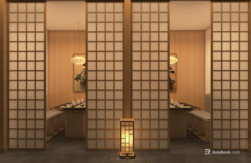 Traditional Japanese Private Room with Wooden Lattice Doors Hanging Lamps and Dining Tables 3d model 