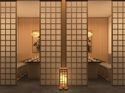 Traditional Japanese Private Room with Wooden Lattice Doors Hanging Lamps and Dining Tables 3d model