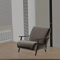 Modern Minimalist Beige Lounge Chair With Armrests Wooden Floor Striped Wall And Blinds